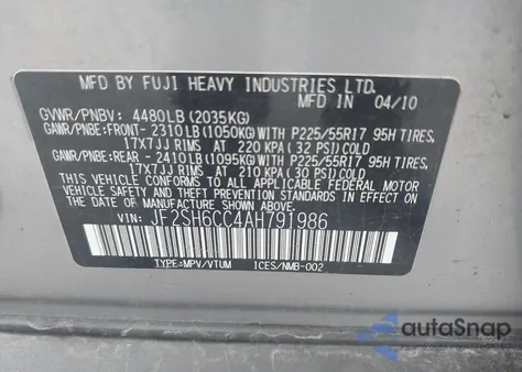 2010 Subaru Forester 2.5X Premium z USA, uszkodzony, nr VIN JF2SH6CC4AH791986